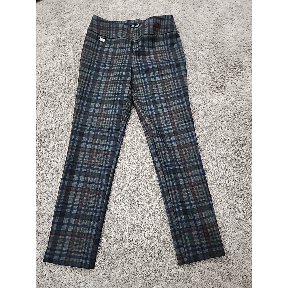 Lisette L Montreal Plaid Trousers Womens 8 Grey Blue Slim Fit Pull On 44405